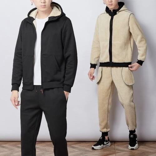 Winter Thick Faux Shearling Warm Tracksuit Men Hooded Sweatsuit Jacket+Pants 2 Piece Set Sportwear Joggers Track Suit Plus Size