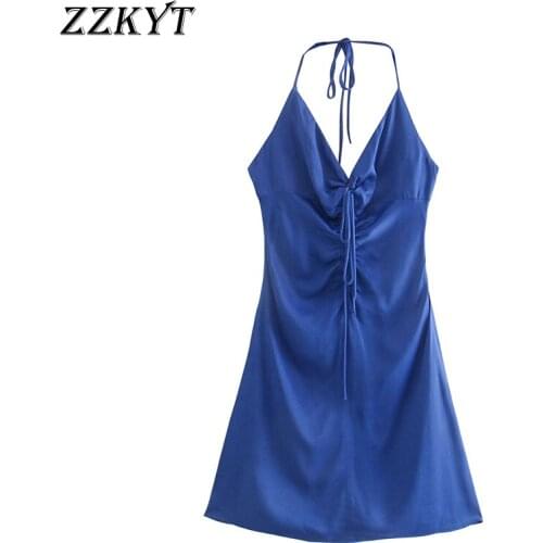 ZZKYT 2021 Women Summer Fashion Solid Bow Tied Straps Mini Dress Vintage V-Neck Sleeveless Backless Folds Female Party Dresses