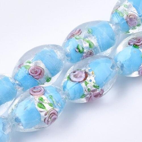 20pcs Handmade Foil Glass Lampwork Beads Oval with Flower for jewelry making Decorate 16~17x9~11mm, Hole: 1.5~2mm F60