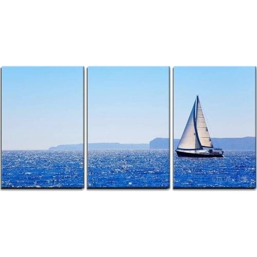 3 Piece Canvas Wall Art Blue Mediterranean Sailboat Sailing in Perfect Ocean at San Antonio Cape Modern Home Art