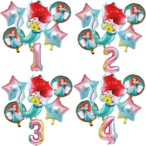 6pcs Mermaid Ariel Cartoon Disney Princess Foil Balloons 32Inch Number Baby Girl Pink Air Baloes Birthday Party Decor Kids Toys