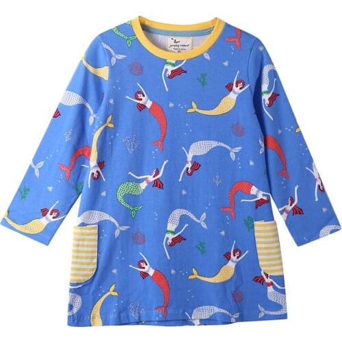 Children T Shirt for Girl Fall 2021 Blue and Yellow Mermaid Striped Pocket Size 18M 2 3 4 5 6 Years Old Comfortable Breathable