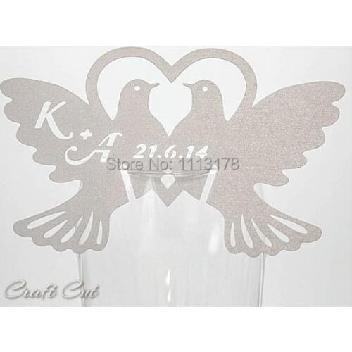 Two Love Birds Wedding Place Cards Personalized Heart, Custom Name, Dove Wine Glass Decoration