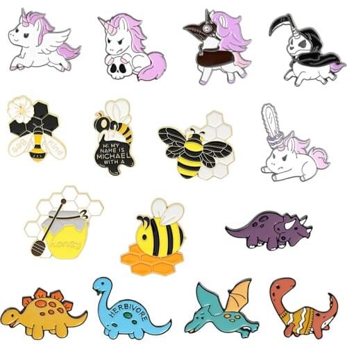 Cartoon animals Enamel Brooch Herbivorous dinosaurs honeybee hive bee flower Masked horse wing Lapel Pin Denim jackets Badge