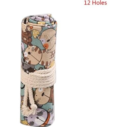 Cartoon Cat 12/24/36/48/72 Holes Canvas Roll Pen Curtain Pencil Bag Case Makeup Bag