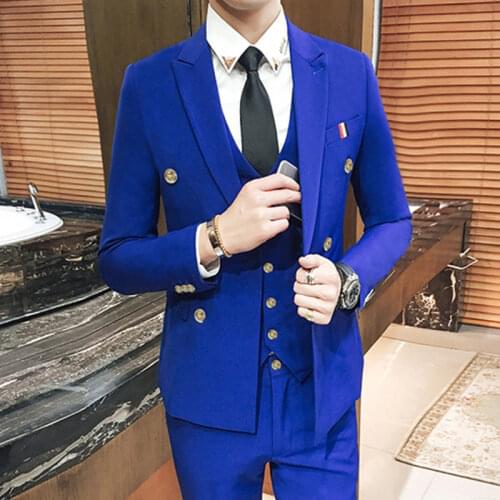 3 Pcs Set Suit Jacket Vest Pants / 2021 Fashion Mens Slim Business Casual Wedding Groom Pure Color Dress Blazers Coat Trousers