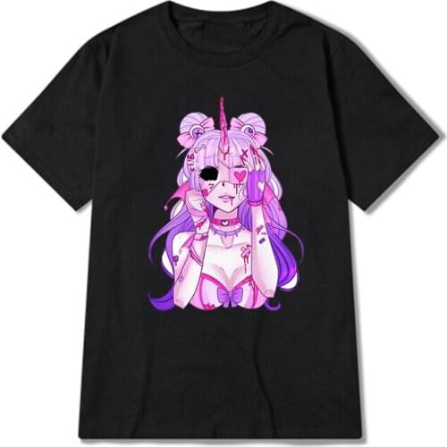 Kawaii Japanese style Tops Harajuku fun cartoon print Gothic style womens short-sleeved T-shirt summer punk style clothing