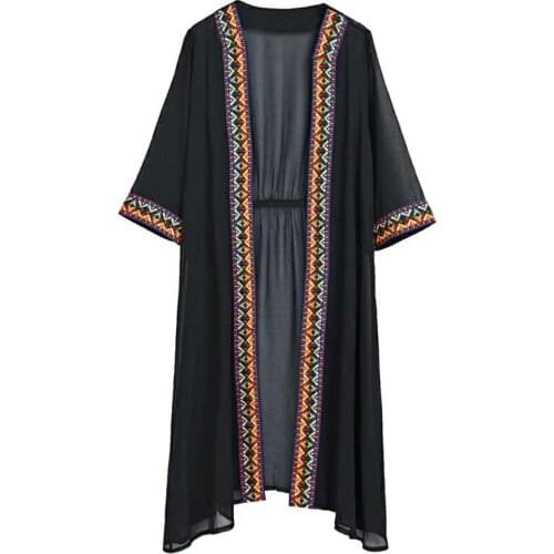 New Arrival 2021 Summer Vintage Womens Long Kimono Chiffon Blouses Retro Woman Loose Embroidery Boho Cardigan Causel Outwear