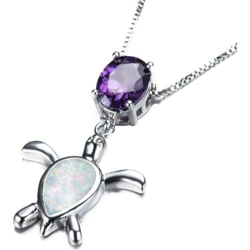 Charm Purple Crystal Stone Necklace White Water Drop Opal Cute Turtle Pendant Necklaces For Women Vintage Fashion Chain Necklace