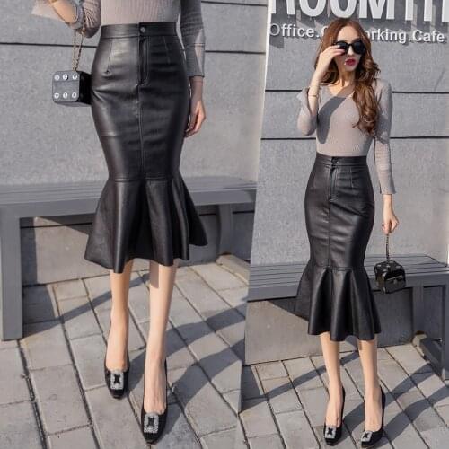 2020 Autumn Winter Elegant PU leather Skirt Fashion package hip High Waist slim Mermaid skirt women Feminina