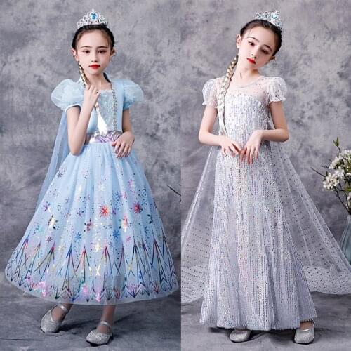 Princess Ice and Snow Movie 2 Elza Role Play Dress Girls Snow Queen Fancy Dress Party Sequins Gown Children Cosplay Elza Costume