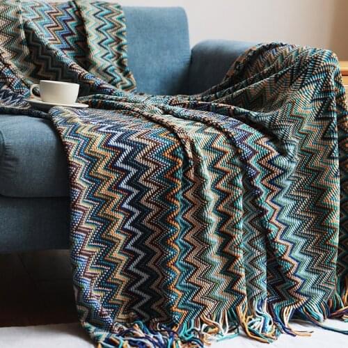Bohemian Throw Blanket with Fringe Tassel Colorful Wavy Striped Pattern Travel Knitted Shawl Sofa Couch Chair Bed Cover