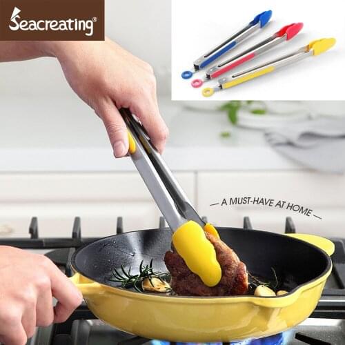 Seacreating Kitchen Tongs 3PCS SET 30CM with Heat-Resistant Non-Stick Silicone Tips Stainless Steel Handle Griling Frying Salad