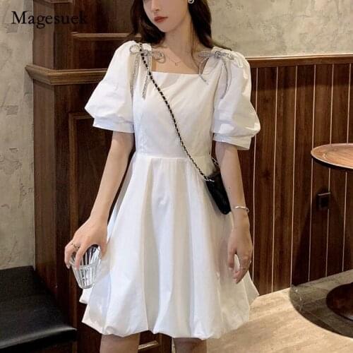 Summer Dress Fairy Puff Sleeve Bows Chiffon Dress White Black Japan Style Kawaii Mini Dress Elegant Vintage Party Dress 14556