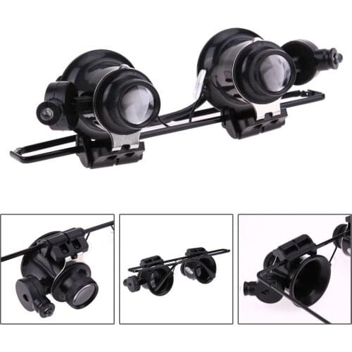 Glasses Magnifier with 2 adjustable LED light 20X acrylic loupe lens magnifying eye glasses for jewelry watch repair tool
