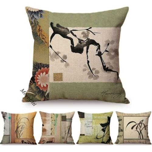 Vintage Chinese Style Plum Blossom Ink Art Sofa Decorative Pillow Case Tradition Bamboo Painting Linen Square Bed Cushion Cover