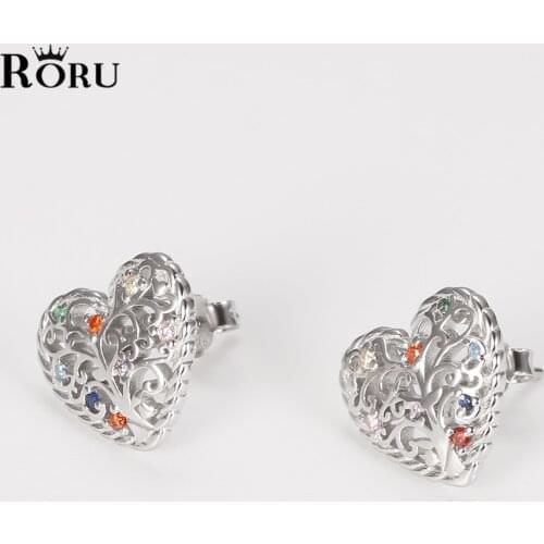 925 Sterling Silver Lovely Heart Stud Earrings with Colorful Zircon Tree of Life Jewelry for Women Statement Jewelry Partly Gift