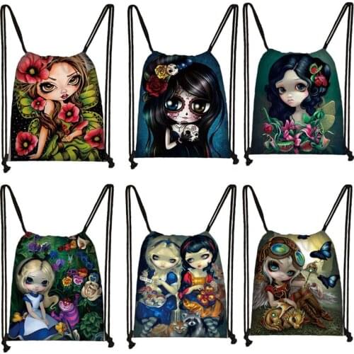 Ladies Sugar Skull Print Drawstring Bag Cartoon Gothic Girls Shopping Bags Women Fashion Storage Bag Girls Canvas Backpack