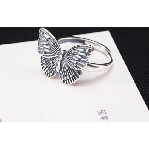 S925 Sterling Silver Thai silver old ring female personality exaggerated punk butterfly opening ring Womens Personalized Inset