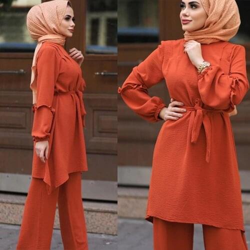 Eid Two Piece Muslim Sets Abaya Women Turkey Lace-up Hijab Dress Caftan Moroccan Kaftan Islam Clothing Abayas Musulman Ensembles