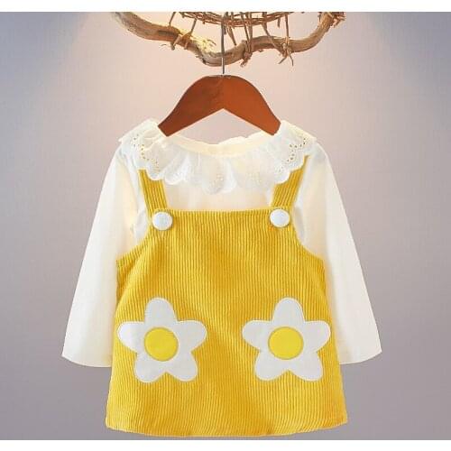2PCS Toddler Girl Long Sleeve Dress &Shirt Strap Kid Beautiful Sling Sunflower Clothes
