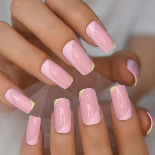 24pcs Glossy Pink Green French Press on False Nails Square Flat Top Shape UV Gel Medium Long Fingersnails 1 Sheet Adhesive Tapes