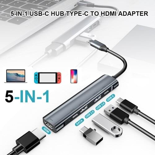 5-in-1 USB-C Hub Type-C to HDMI-compatible Adapter 4K@30Hz, 1080P@60Hz USB3.0 Reader USB-C Dongle for MacBook