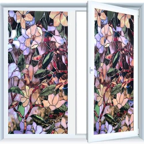 6 Size Magnolia Pattern Privacy Solar Window Film Static Non-adhesive Stained Home Glass Sticker Decorative Sun Blocking Film
