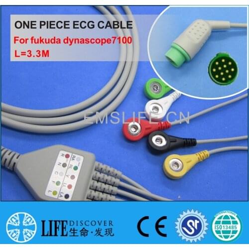 One piece ECG cable with 5 snap lead wires For fukuda dynascope7100 patient monitor