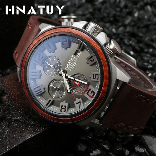 Hnatuy Mens Watch 5bar Water Resistant Sport Stainless Steel Quartz Wristwatches Man Fashion Wood Watch Free Leather Strap