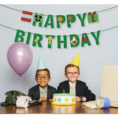 Kids Happy Birthday Banners Pixels Theme Party Backdrops Paper Flags Bunting Decorations Party Supplies BA110