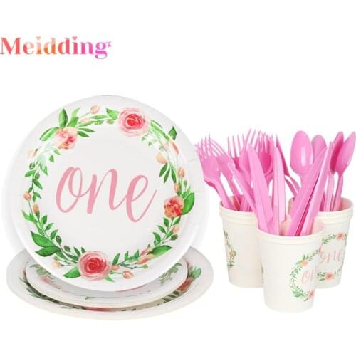 Kids 1st Birthday Party Decoration One Year Old Party Flower Print Paper Cups Plates Babyshower First Birthday Girl Party Decor
