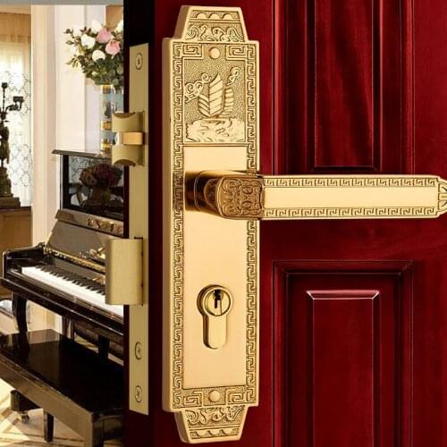Door Lock Modern Fashion Entrance Doors Modern Brass Golden Interior Solid Wood Panel Handle Lock Rose Golden Bedroom Bookroom