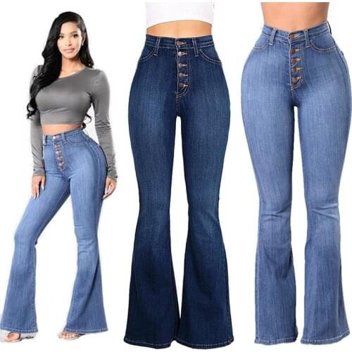 S M L XL XXL XXXL 4XL Mom Jeans Women Skinny Slim High Waisted Denim Jeans Pocket Stretch Button Bell-Bottom Pants Jeans Mujer