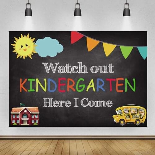 Kindergarten School Bus Smile Sun Kids Birthday Photography Backdrops Red Brick House Decoration Blackboard Class Backgrounds