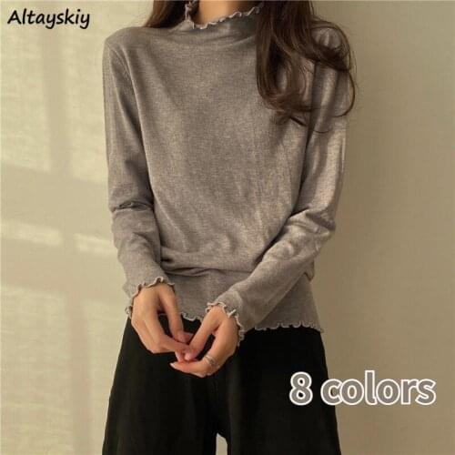 Long Sleeve T-shirts Women Simple 8 Colors Hot Sale Spring Basic Elegant Soft Ladies Top All-match Trendy Ulzzang Female Clothes