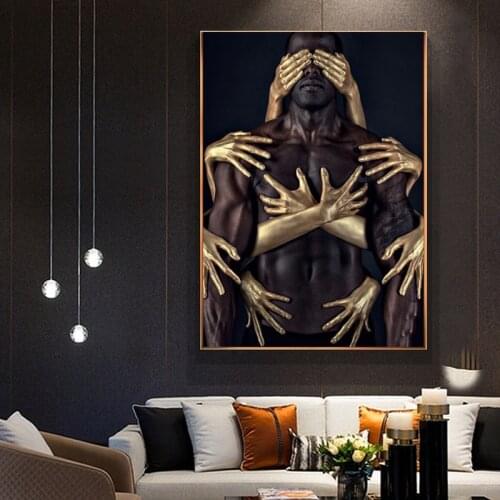 African Art Black Gold Nude Embrace Posters and Prints Man Woman Canvas Paintings Wall Art Pictures for Living Room Cuadros