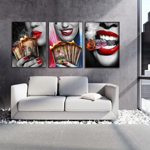 Smile Red Lips Smoking Beauty Woman Picture Burning Dollar Money Canvas Painting Wall Art Poster Home Decoration for Living Room