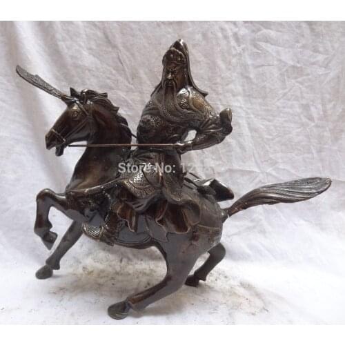 16" Chinese Bronze Dragon Head Warrior GuanGong GuanYu God Ride Horse Statue