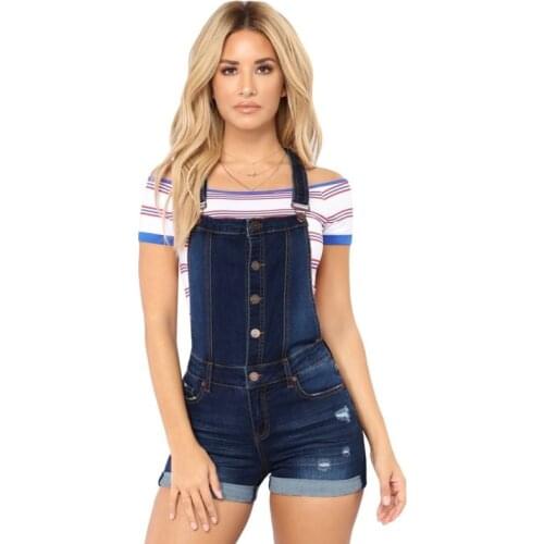 LIBERJOG Women Strap Denim Shorts Slim Plus Size Holes Button Sexy Shorts Summer Female Casual Overalls Short Jeans