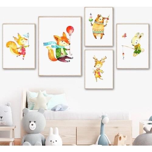 Fox Squirrel Bear Rabbit Butterfly Elk Balloon Wall Art Canvas Painting Nordic Posters And Prints Wall Pictures Kids Room Decor