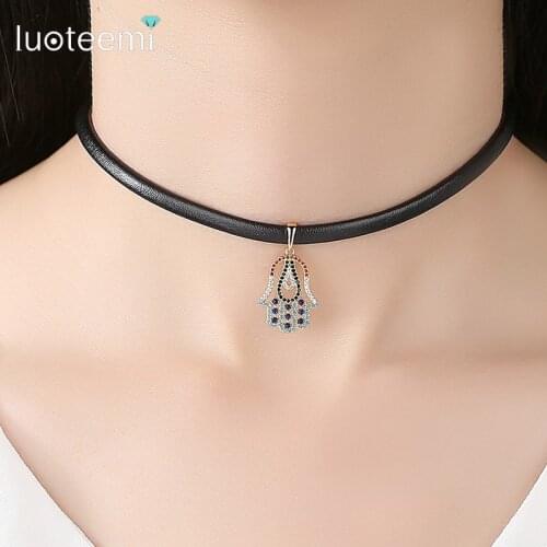 LUOTEEMI Fashion Cubic Zircon Micro Paved Wicked Eye Imitation Leather Choker Necklace For Women Black Punk Jewelry Accessories