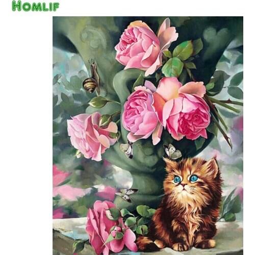Full Square&round Drill DIY Diamond Painting Cross Stitch Cat And Flower Rhinestone Decorative Painting 3D Diamond Embroidery