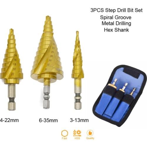 3PCS Step Drill Bit Set Titanium Coated HSS Hex Shank Spiral Groove Bits Metal Wood Hole Cutter