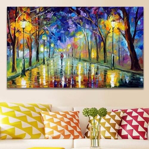 Wall Art Home Decor Handpainted Lover Rain Street Landscape Canvas Oil Painting Wall Pictures Tree Lamp picture for Living Room