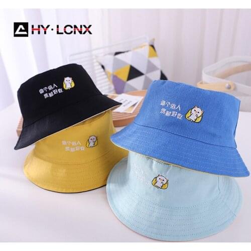 Spring Autumn Baby Bucket Hat Child Cotton Breathable Cat Embroidery Double-sided Fisherman Hats Boy Girl Outdoor Sun Cap