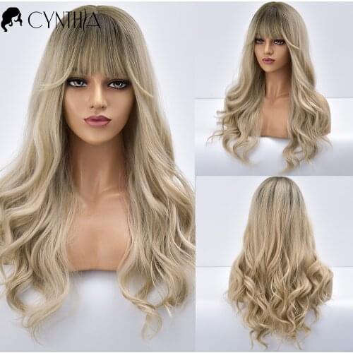 Long Blonde Brown To Gold Wave Black White Women Synthetic Wig With Bangs Daily Heat Resistant Fiber Hair Cosplay Wavy Wigs