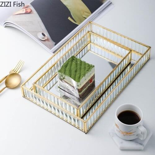Nordic Glass Mirror Storage Tray Gold Rectangle Glass Makeup Organizer Tray Dessert Plate Jewelry Display Home Kitchen Decor