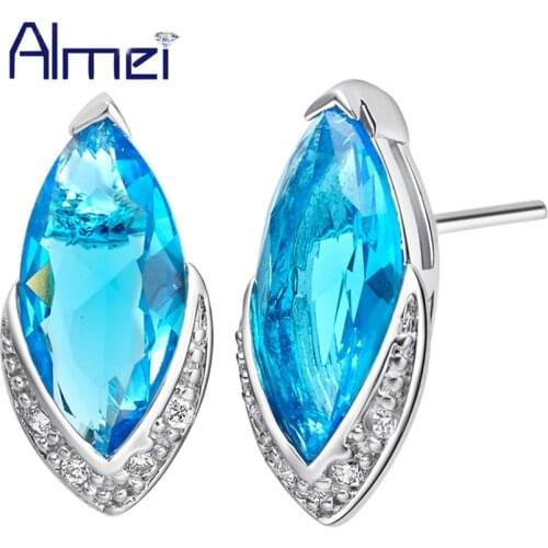 Almei Brincos Blue Crystal Stud Earrings for Women Earring With Clear Cubic Zircon Bride Silver Color Jewelry Ohrringe R702