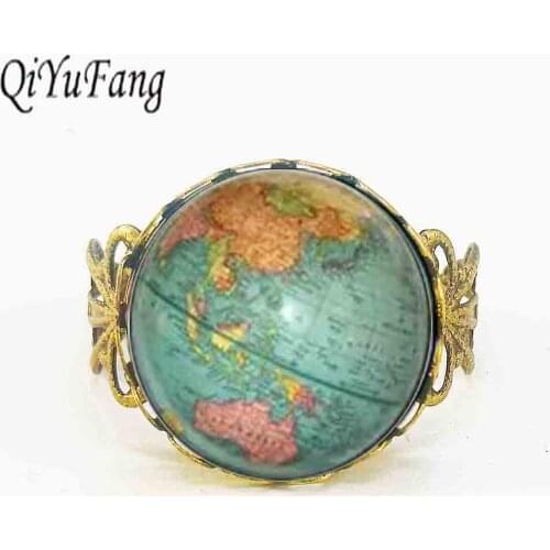 Glass jewelry Vintage leather Ring Planet Earth World globe Map Rings Art dome travel chain friendship New York